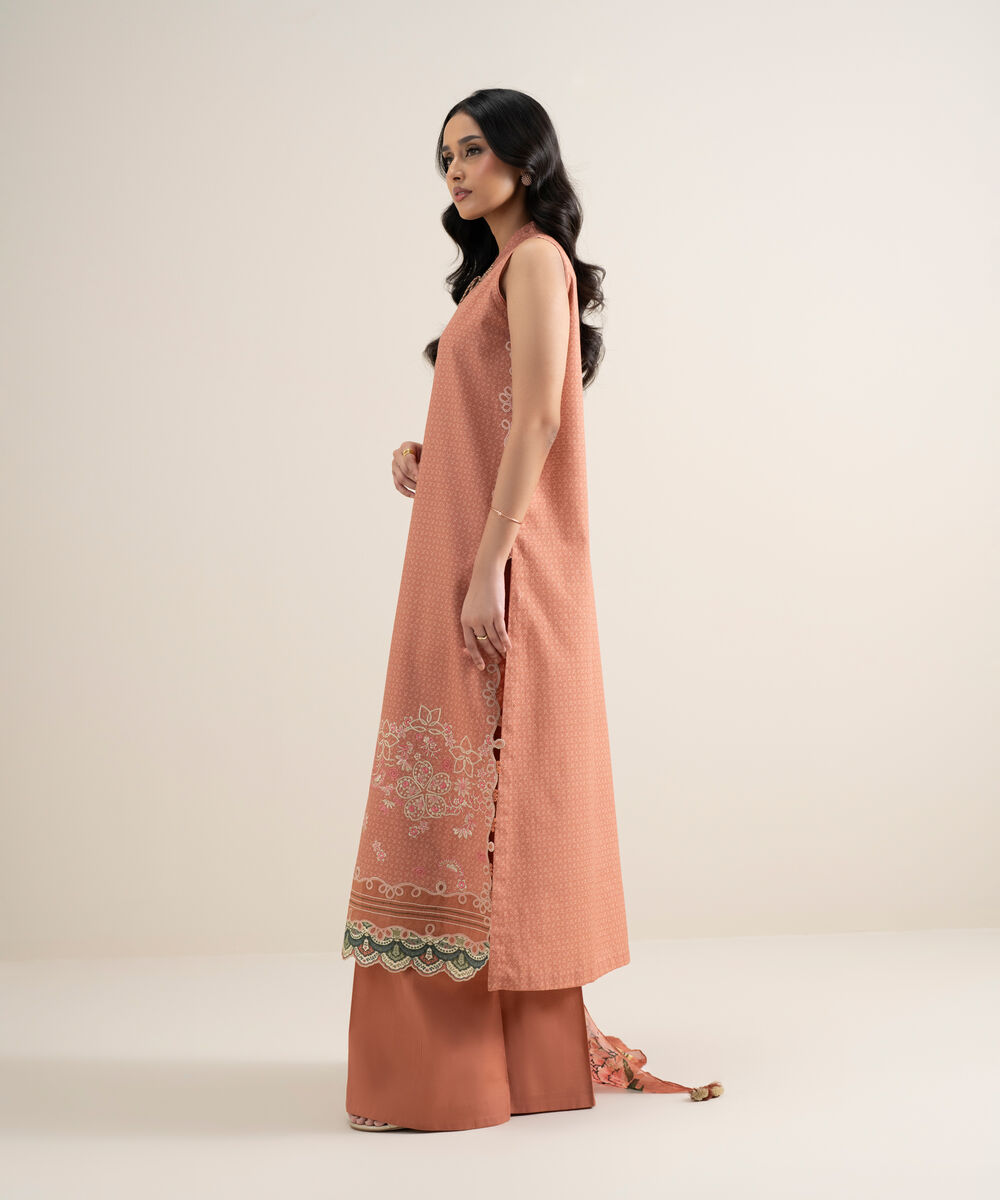Women's Unstitched Dobby Embroidered Peach 3 Piece Suit
