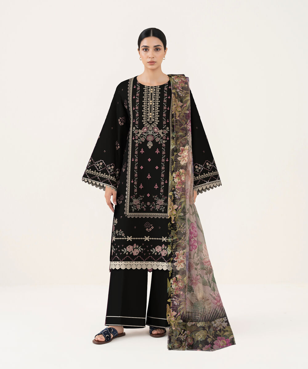 Women's Unstitched Self Jacquard Black Embroidered 3 Piece Suit
