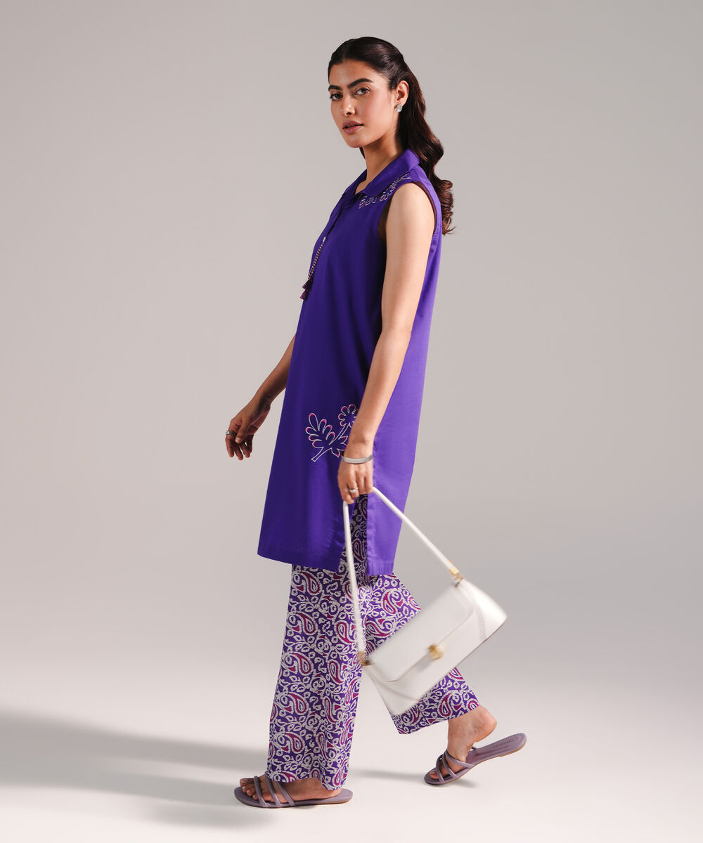 Women's RTW Crosshatch Embroidered Purple Straight Shirt