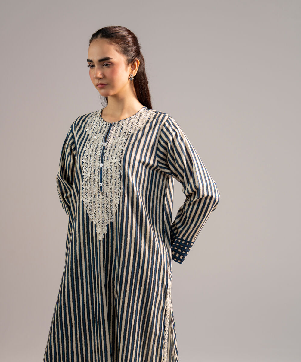 Women's RTW Cotton Viscose Embroidered Blue A-Line Shirt