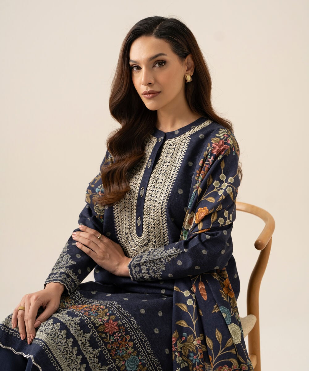 Women's Unstitched Light Khaddar Embroidered Blue 3 Piece Suit
