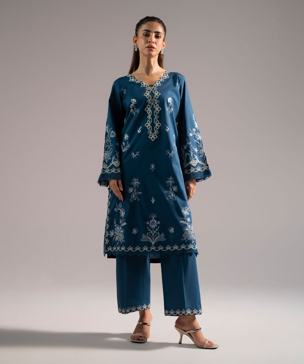 Women's RTW Cambric Embroidered Teal 2 Piece Suit