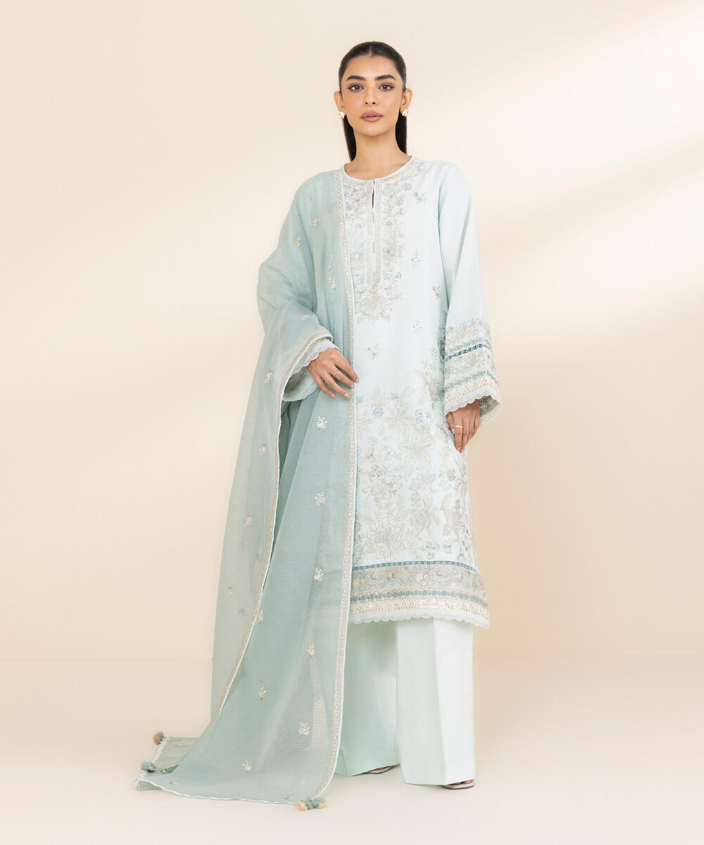 Women's Unstitched Dobby Embroidered Blue 3 Piece Suit