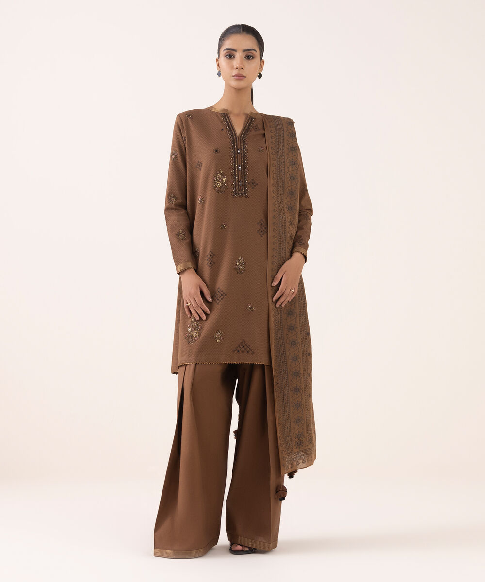 Women's Unstitched Dobby Embroidered Brown Three Piece Suit
