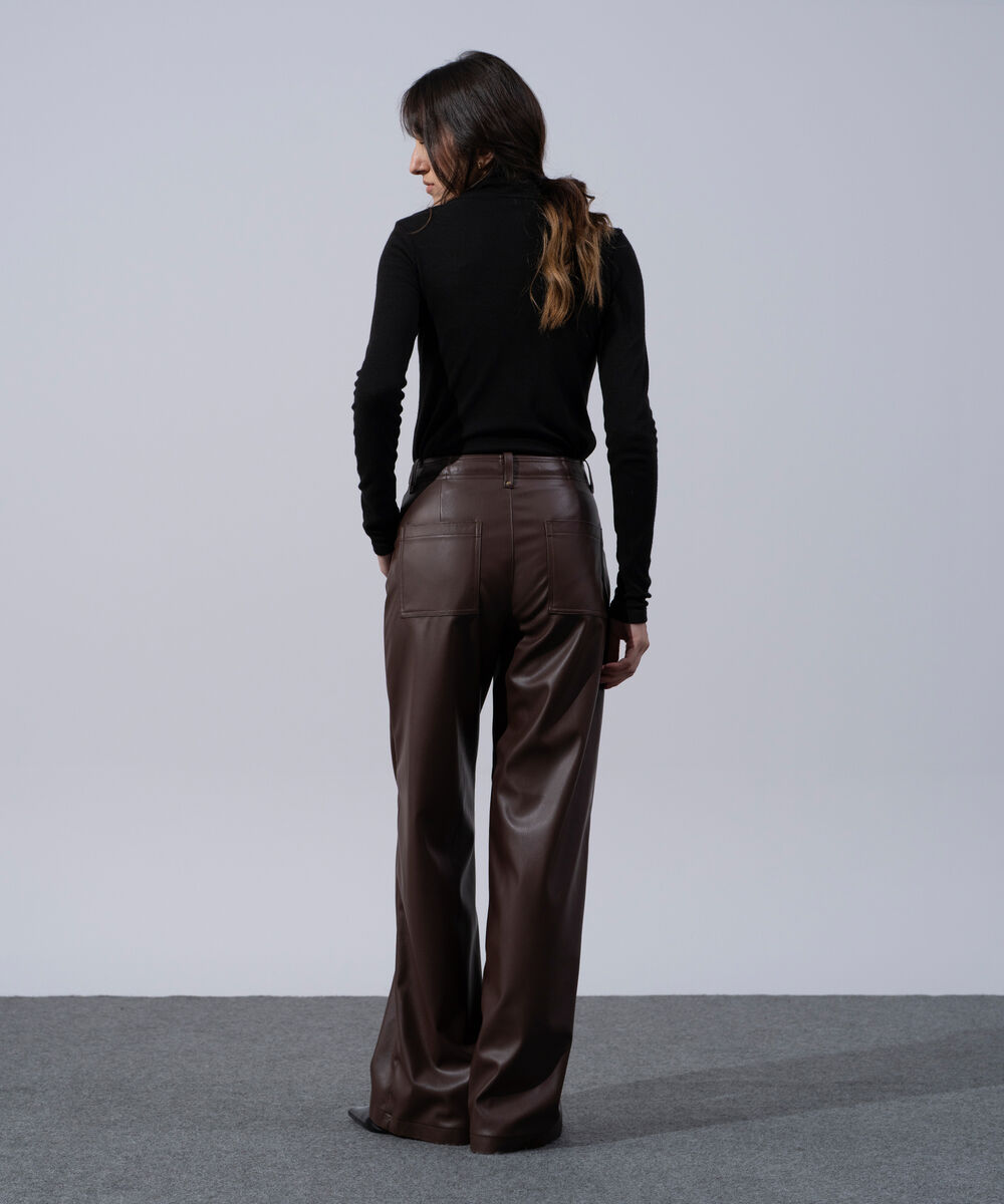 Women's Western Wear Brown Polyester Faux-Leather Straight Fit Trousers