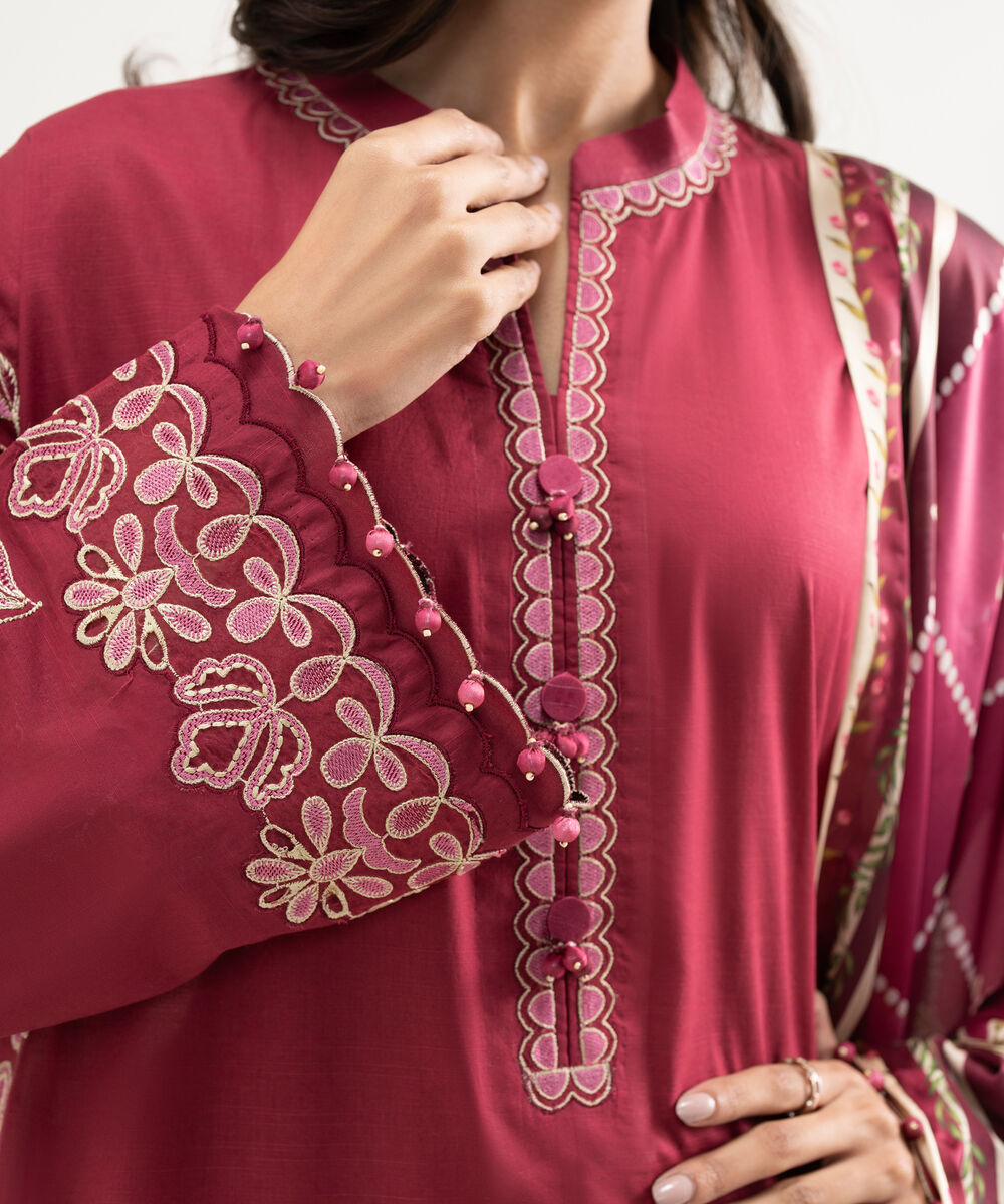 Women's Unstitched Textured Lawn Embroidered Pink 3 Piece Suit