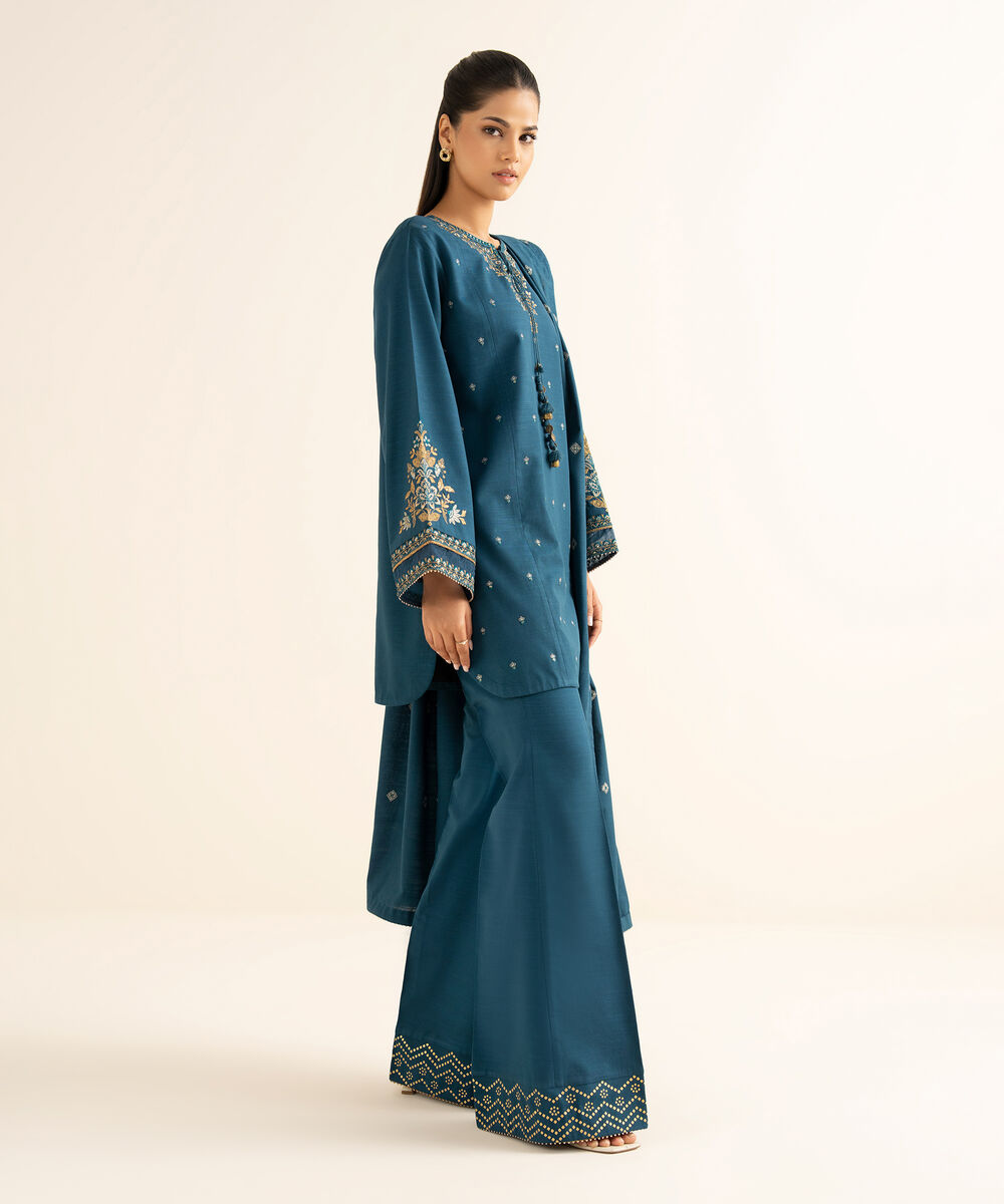 Women's Unstitched Textured Cotton Embroidered Blue 3 Piece Suit