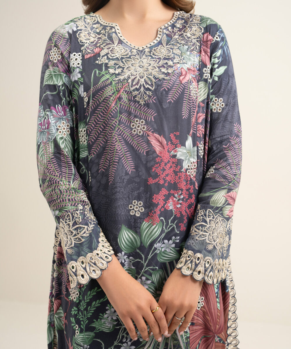 Women's RTW Viscose Raw Silk Embroidered Blue 2 Piece Suit