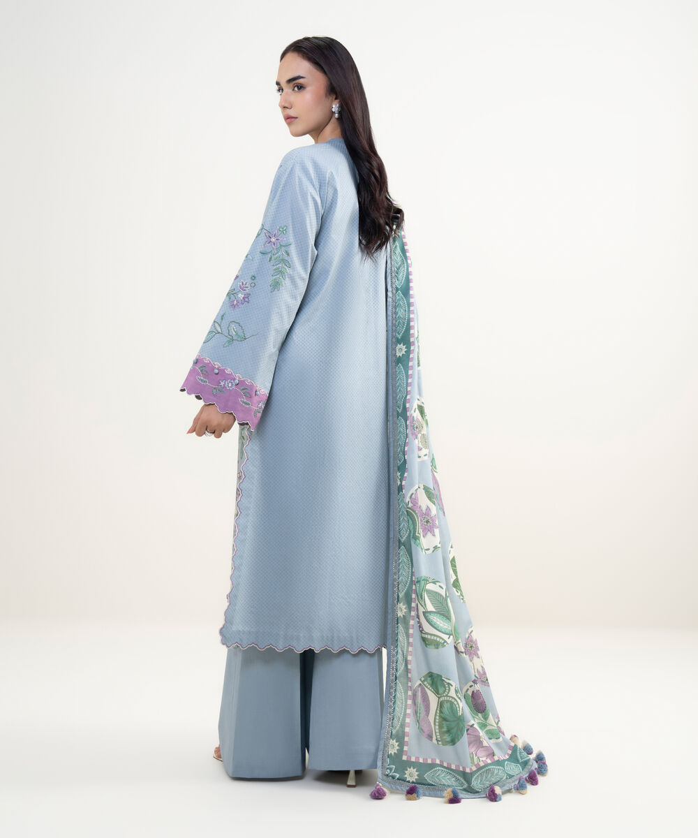 Women's Unstitched Dobby Embroidered Blue  3 Piece Suit