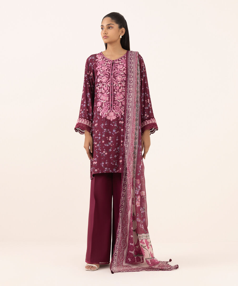 Women's RTW Arabic Lawn Purple Embroidered A-Line Shirt