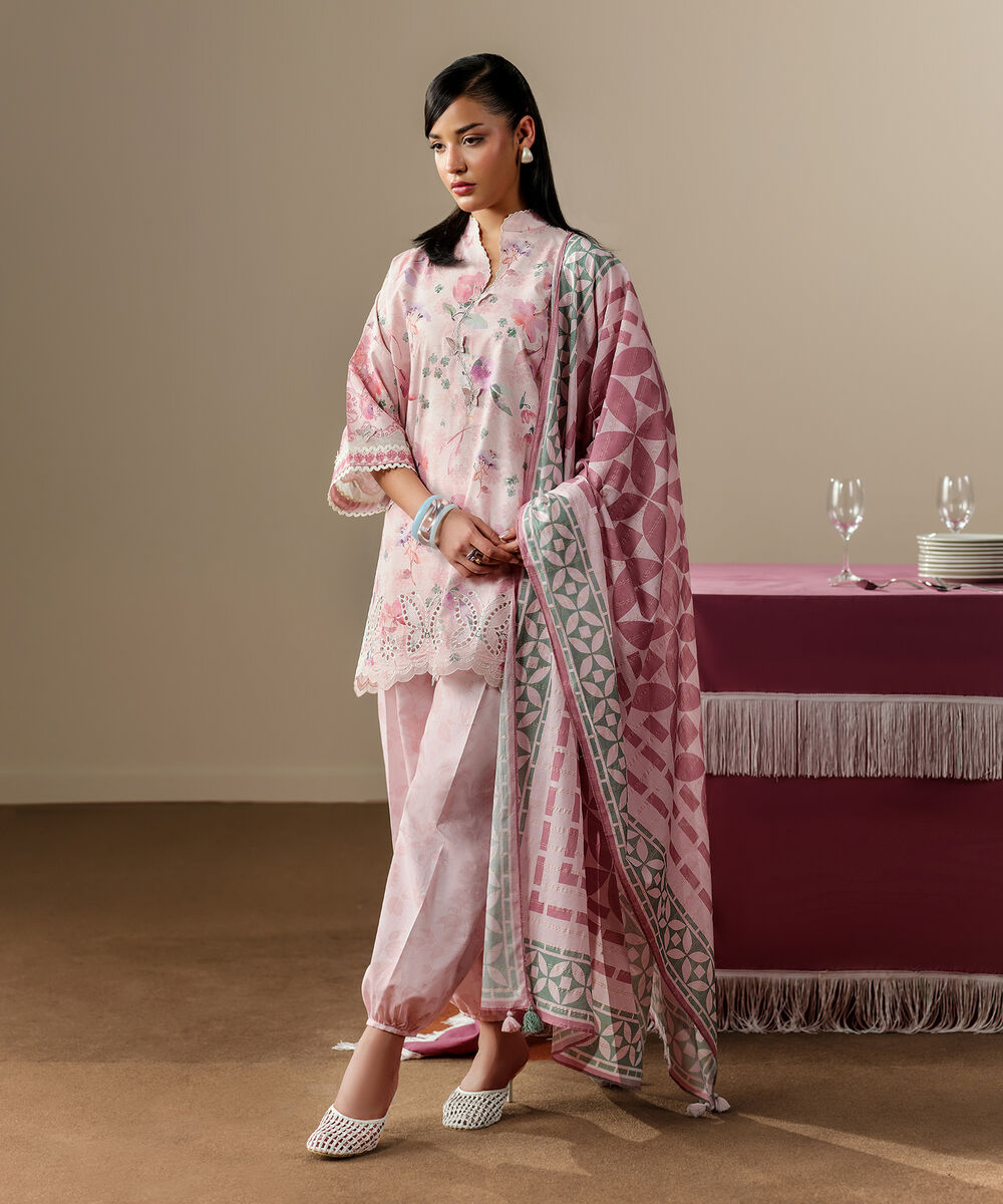 Women's Unstitched Zari Lawn Embroidered Pink 3 Piece Suit