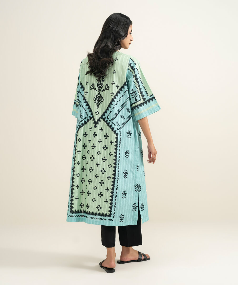 Women's RTW Textured Cotton Printed Green A-Line Shirt