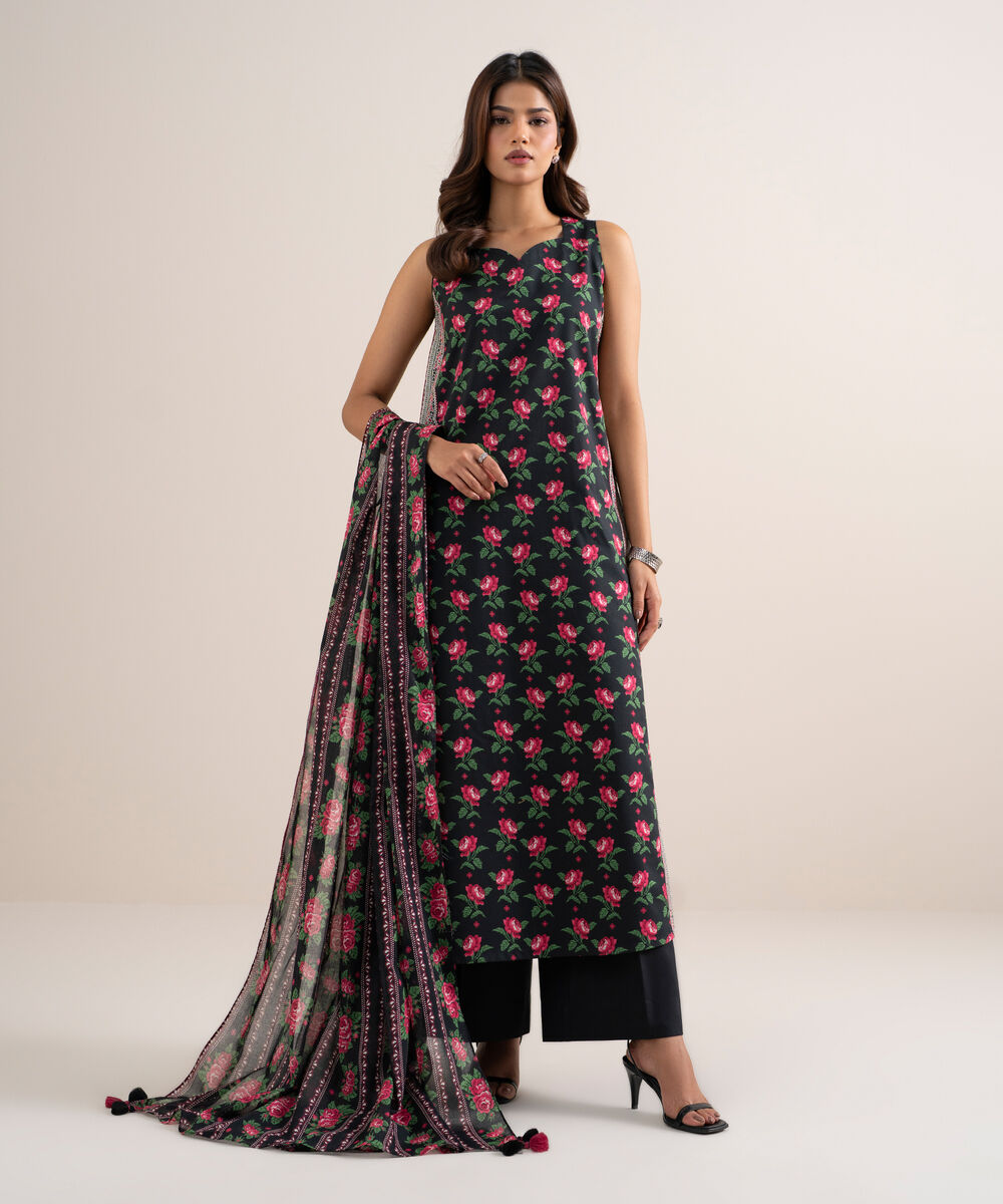 Women's Unstitched Lawn Printed Black 3 Piece Suit