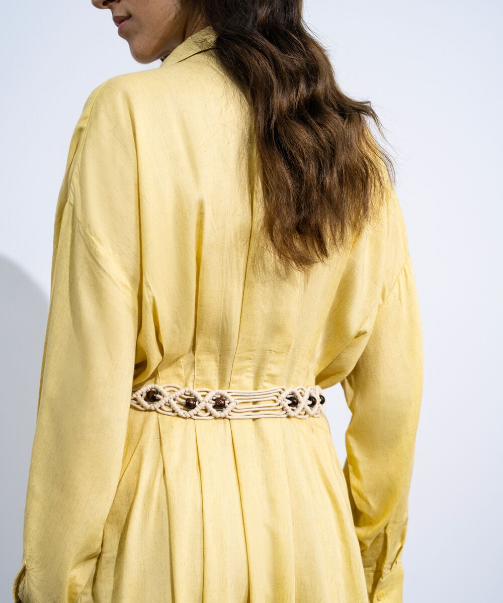 Women's Butter Yellow Linen Blend Dress With  Crochet Belt