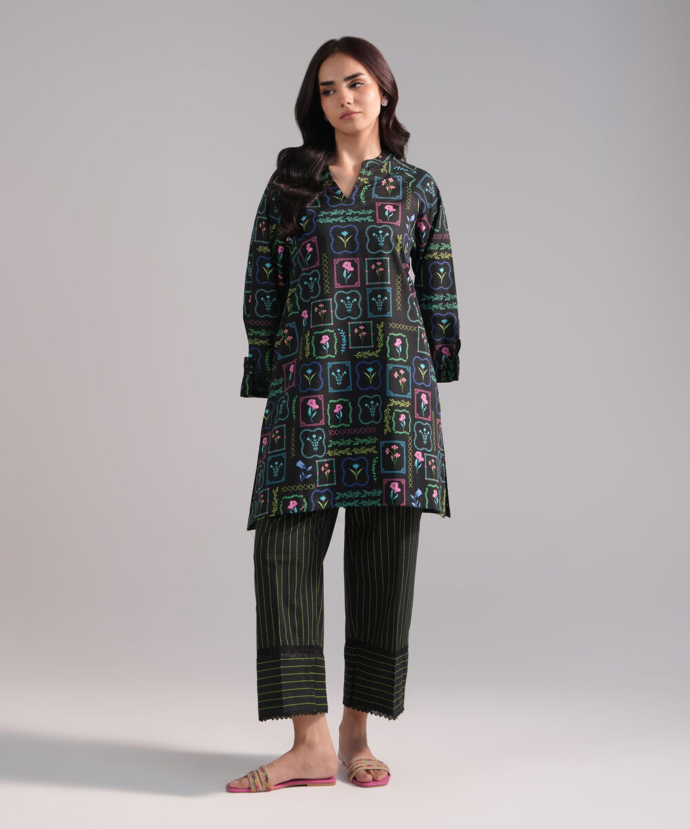 Women's RTW Crosshatch Printed Black Straight Shirt