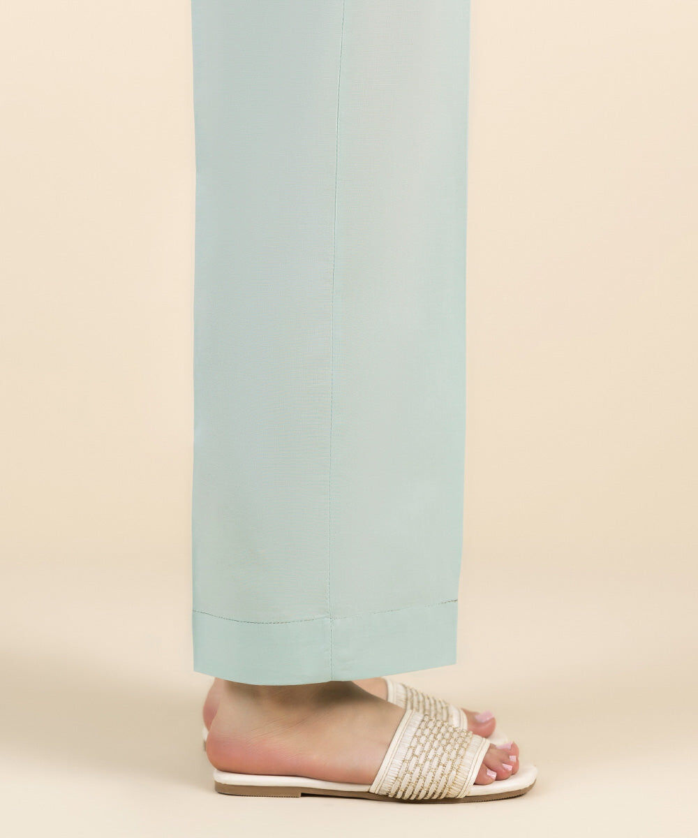 Woman - Blue Solid Cambric Straight Pants