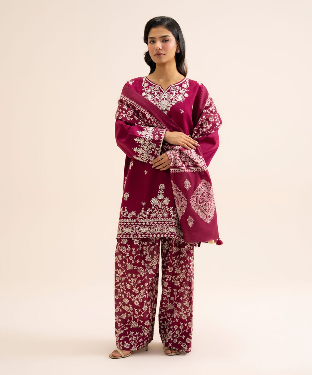 Women's Unstitched Light Khaddar Embroidered Plum 3 Piece Suit
