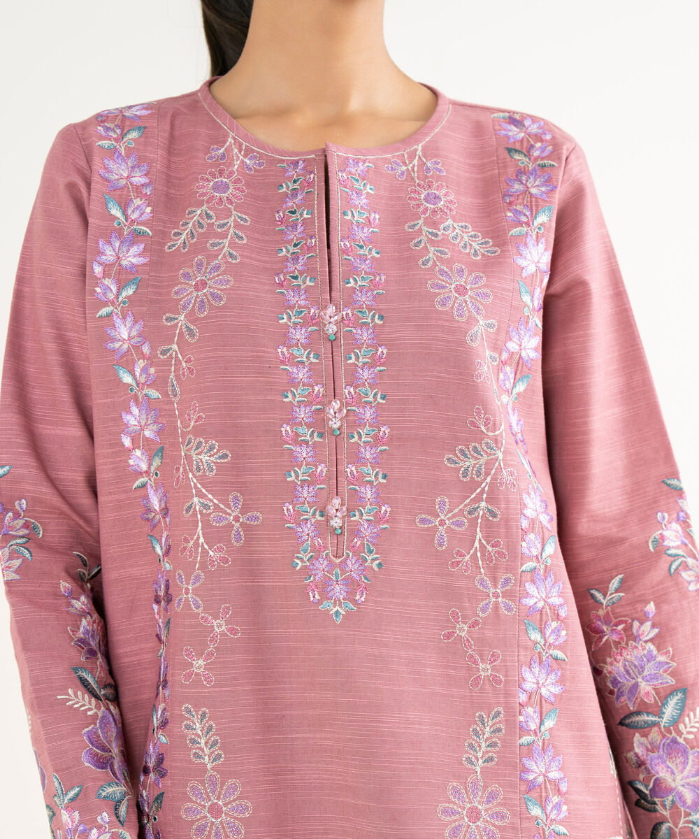 Women's Unstitched Lawn Embroidered Pink 3 Piece Suit