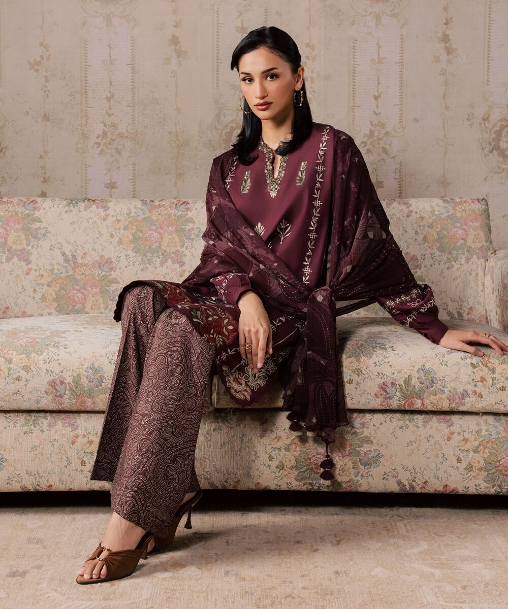 Women's Unstitched Textured Lawn Embroidered Red 3 Piece Suit