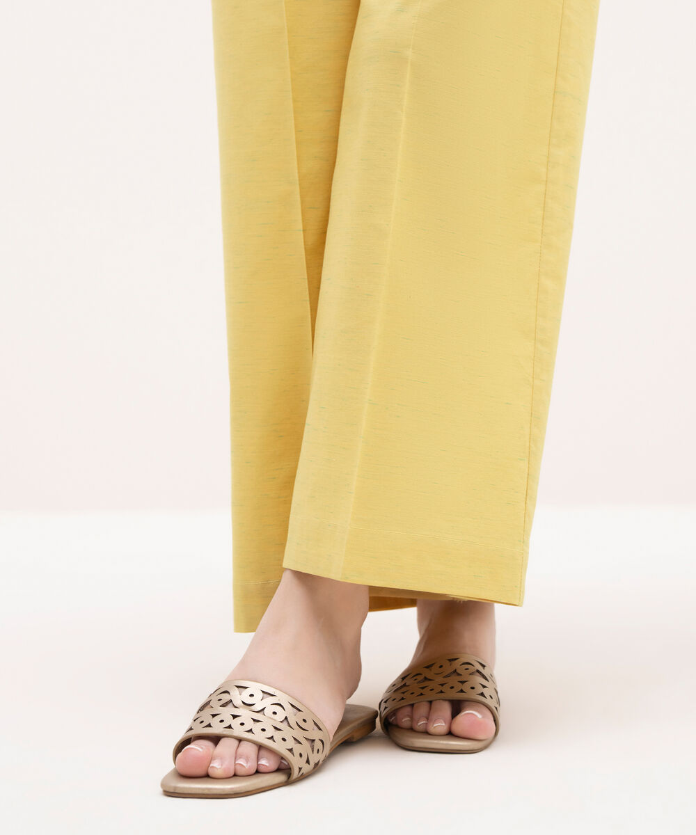 Women's RTW Textured Cotton Yellow Solid Culottes