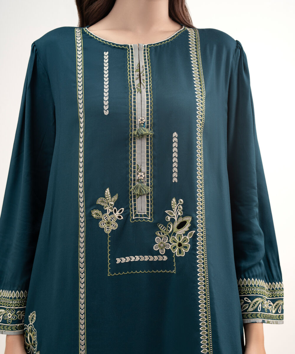 Women's RTW Dobby Embroidered Teal 3 Piece Suit