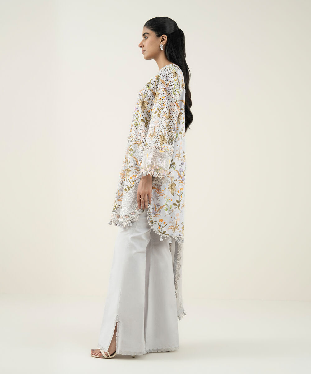 Women's Unstitched Cotton Embroidered Grey 3 Piece Suit