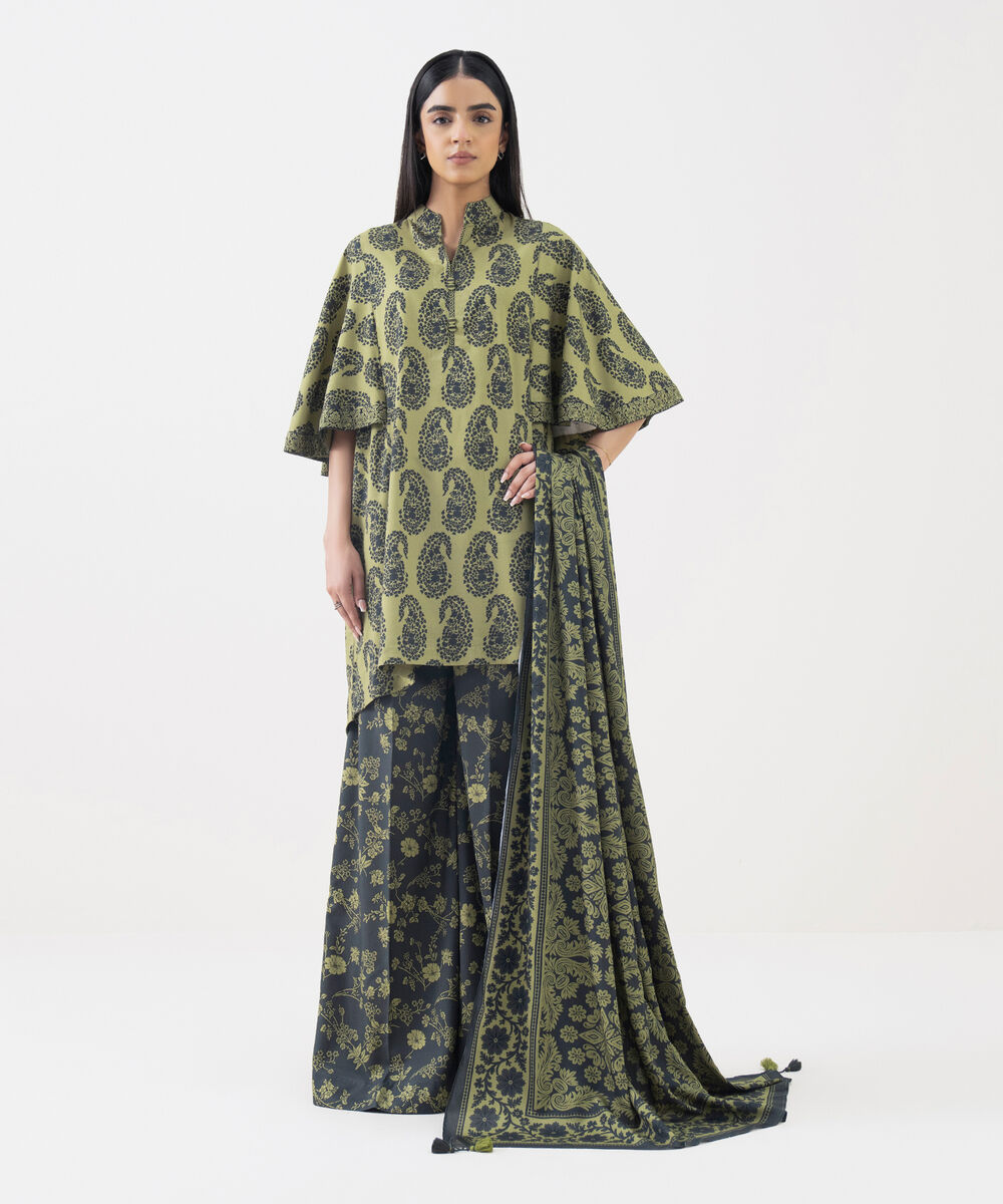 Women's Unstitched Linen Printed Green 3 Piece Suit