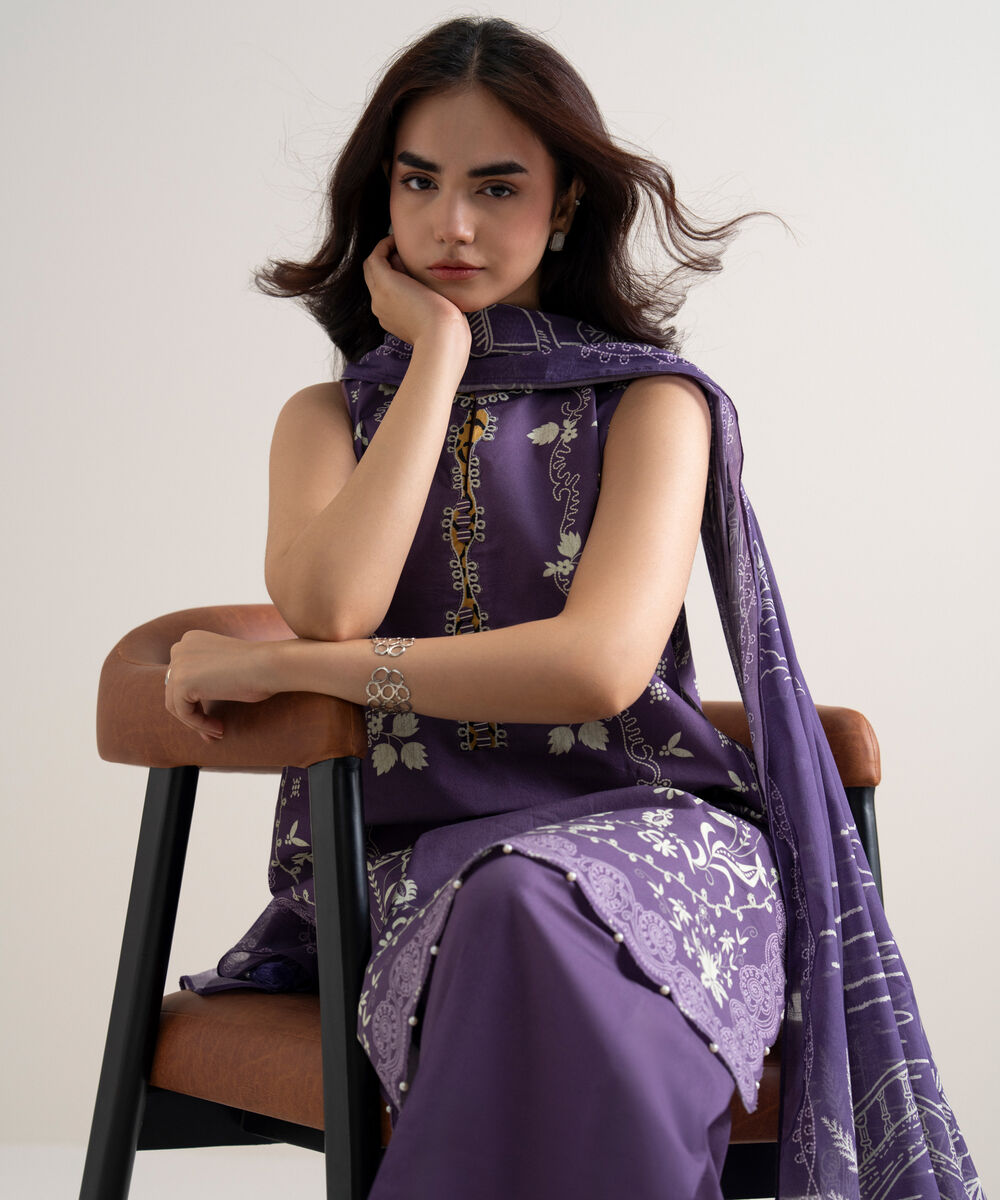 Women's Unstitched Lawn Printed Purple 3 Piece Suit
