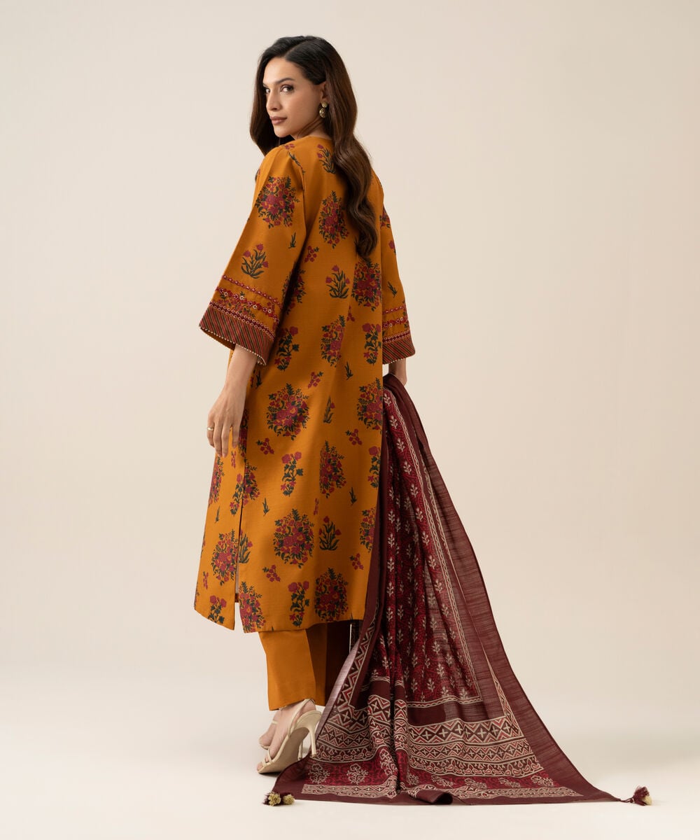 Women's Unstitched Light Khaddar Embroidered Burnt Orange 3 Piece Suit