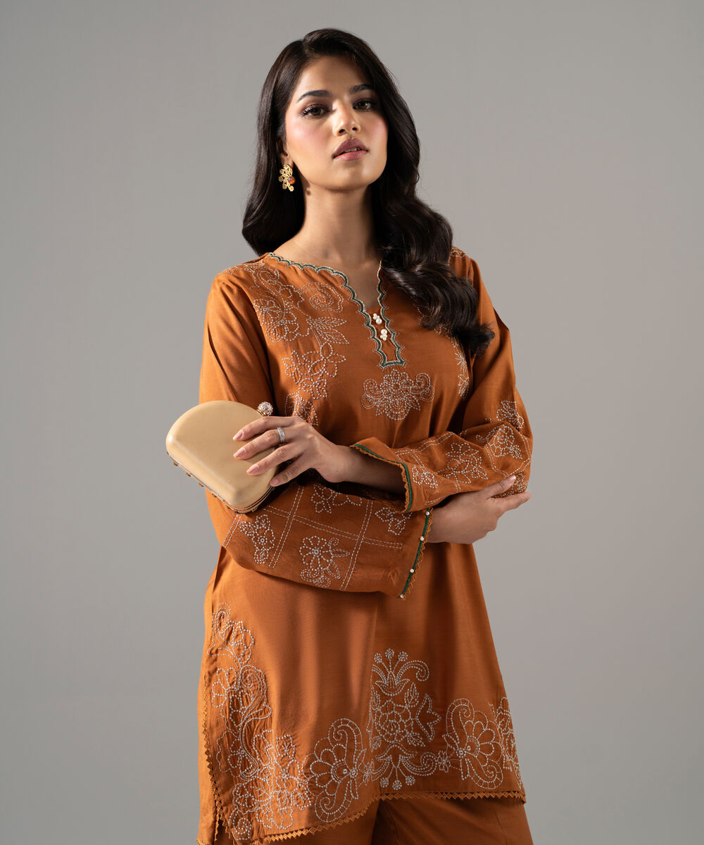 Women's RTW Viscose Raw Silk Solid Embroidered Brown 2 Piece Suit