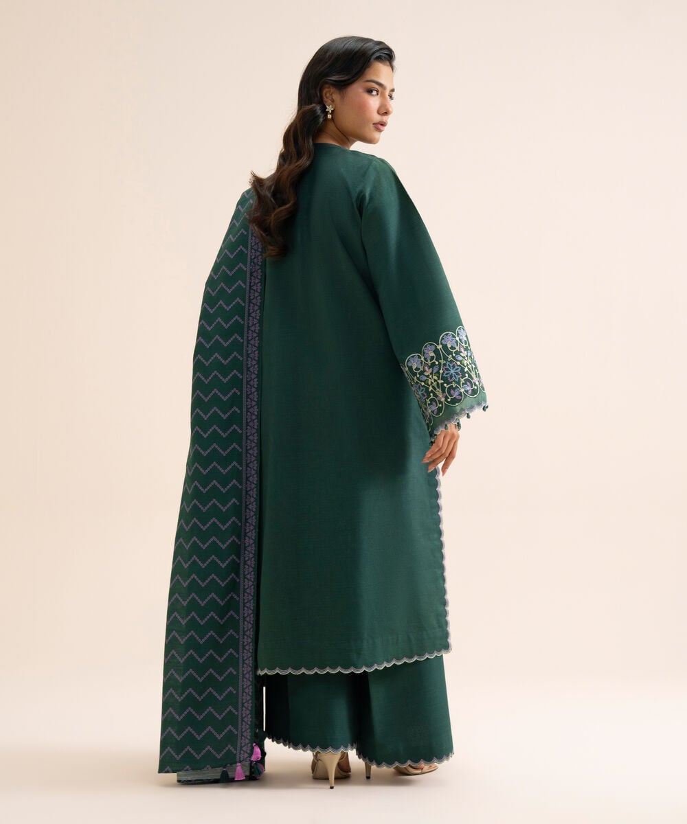 Women's Unstitched Light Khaddar Embroidered Green 3 Piece Suit