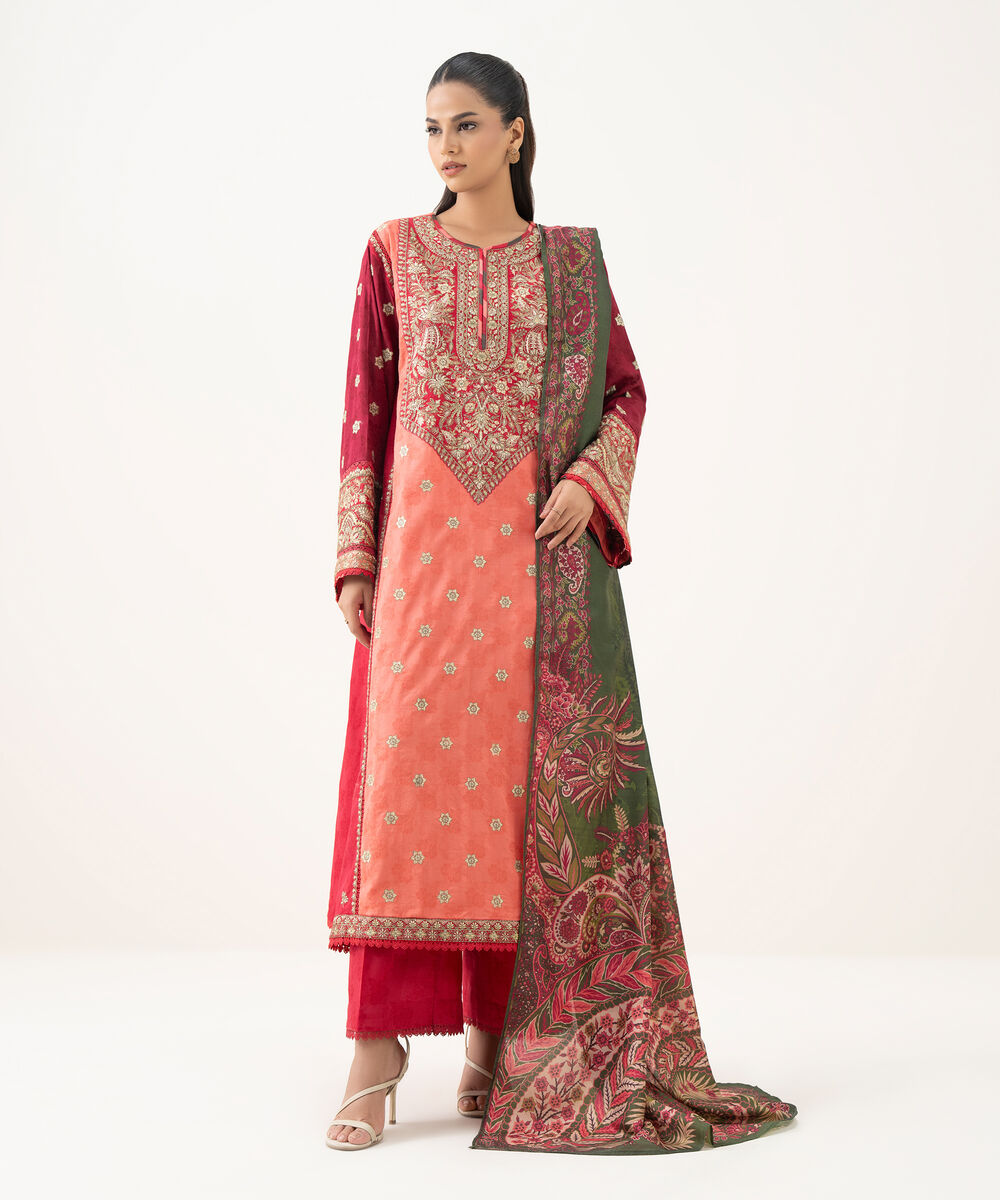 Women's RTW Cotton Jacquard Red Embroidered A-Line Shirt