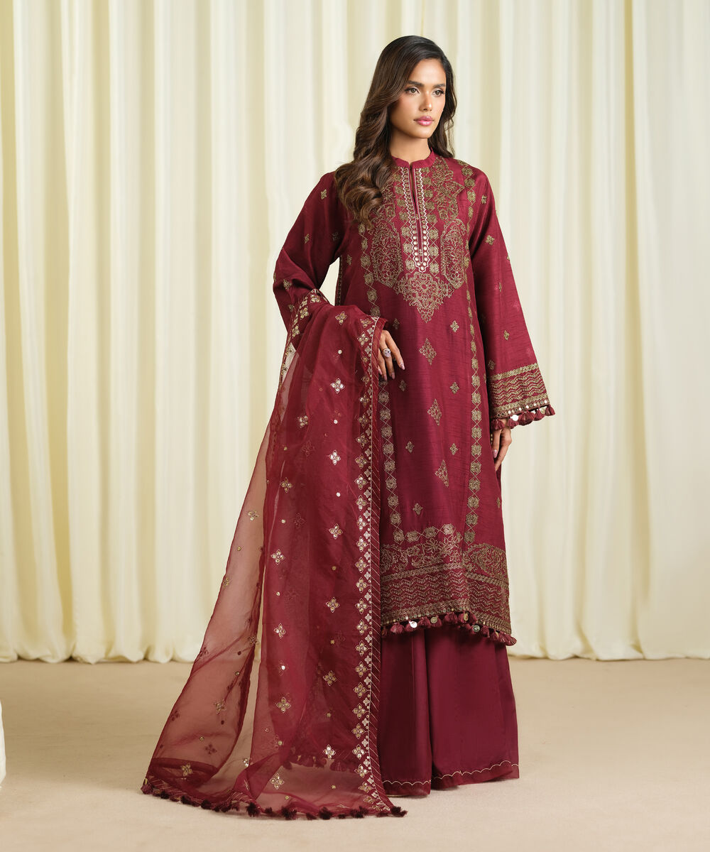 Women's Unstitched Raw Silk Embroidered Red 3 Piece Suit