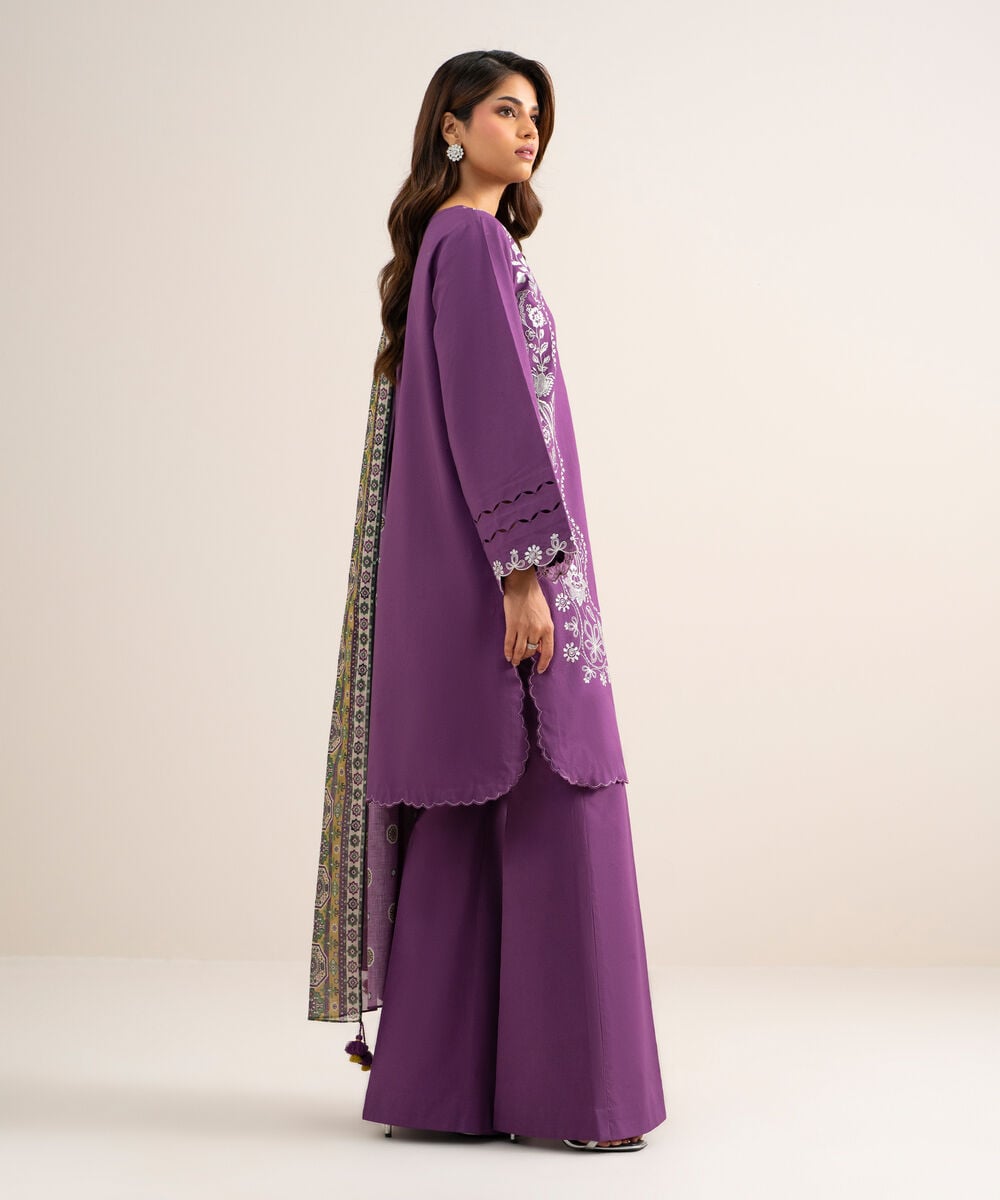 Women's Unstitched Lawn Embroidered Purple 3 Piece Suit