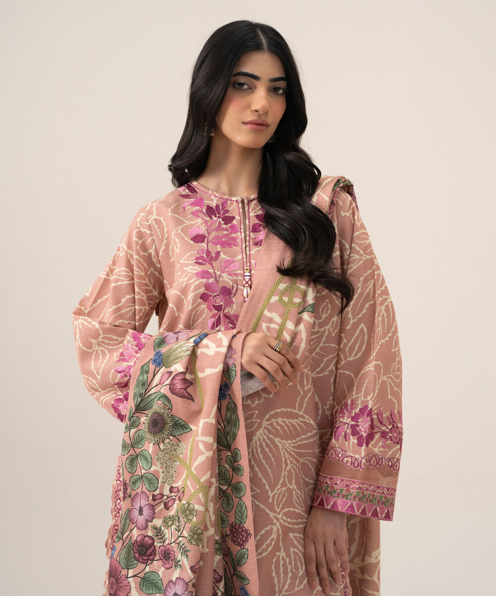 Women's Unstitched Premium Khaddar Embroidered Light Tea Pink 3 Piece Suit