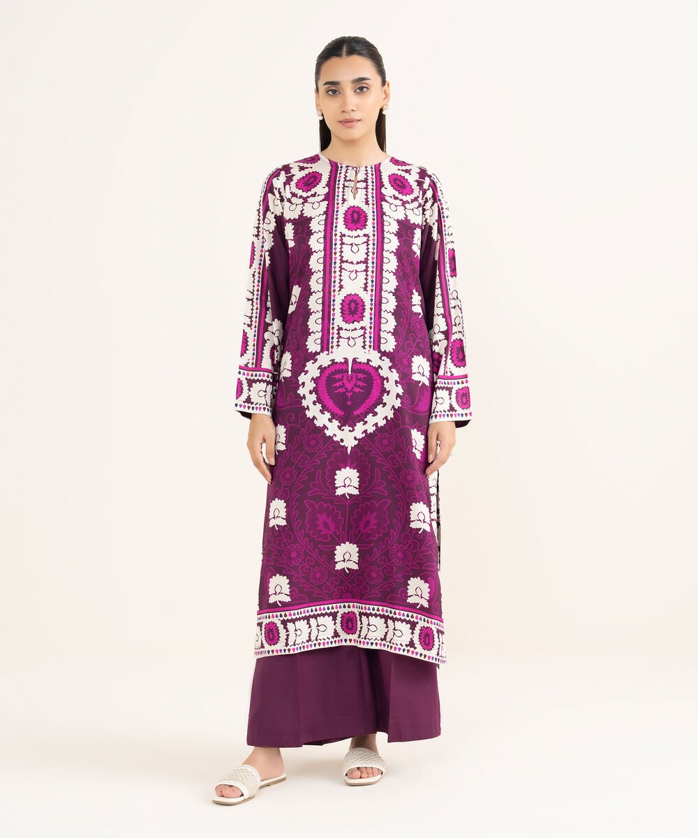 Women's RTW Arabic Lawn Purple Printed Straight Shirt