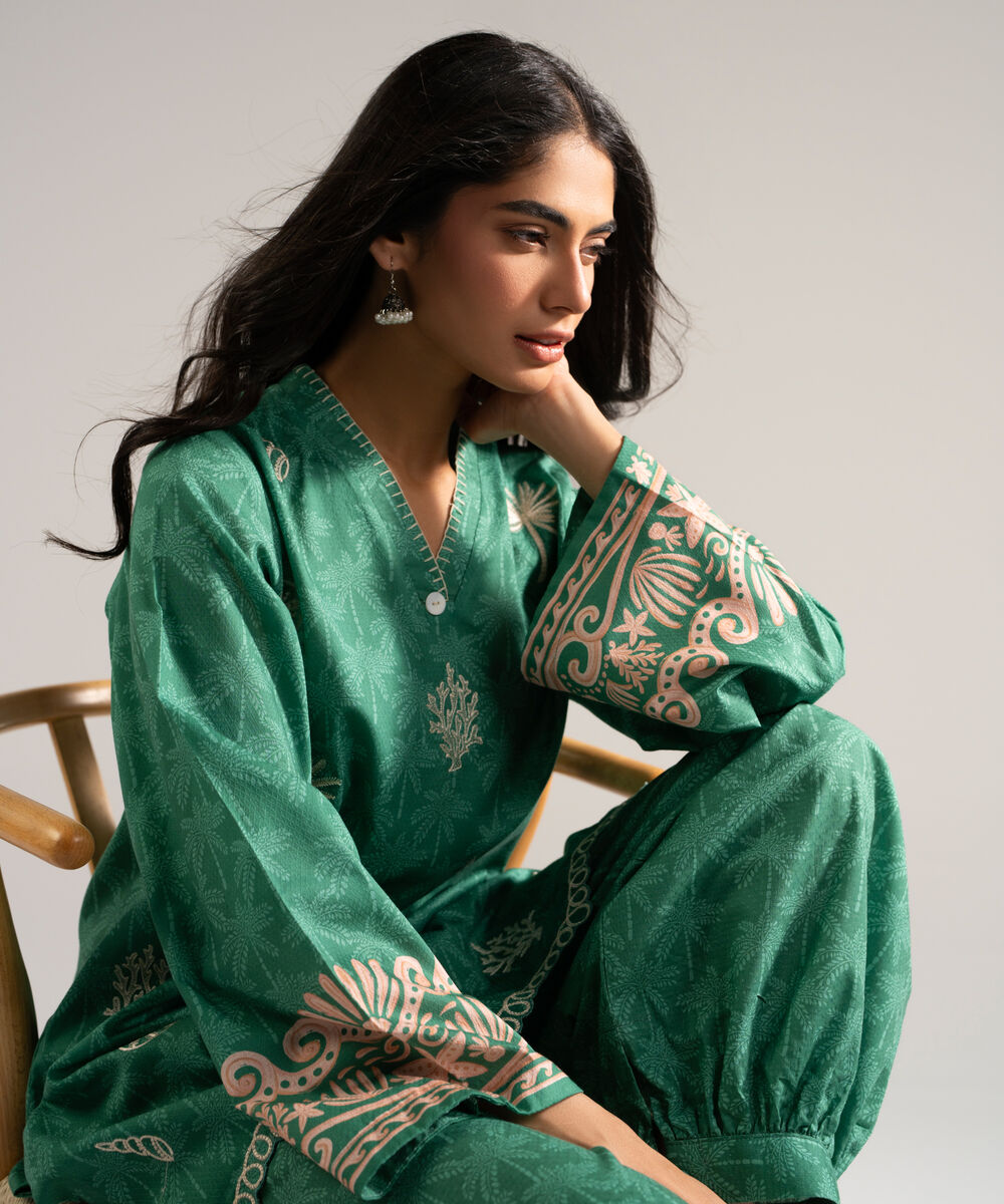 Women's RTW Dobby Embroidered Green Straight Shirt