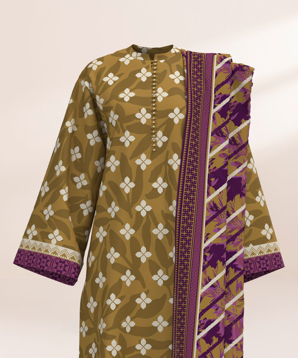 Women's Three Piece Printed Mustard Lawn Suit