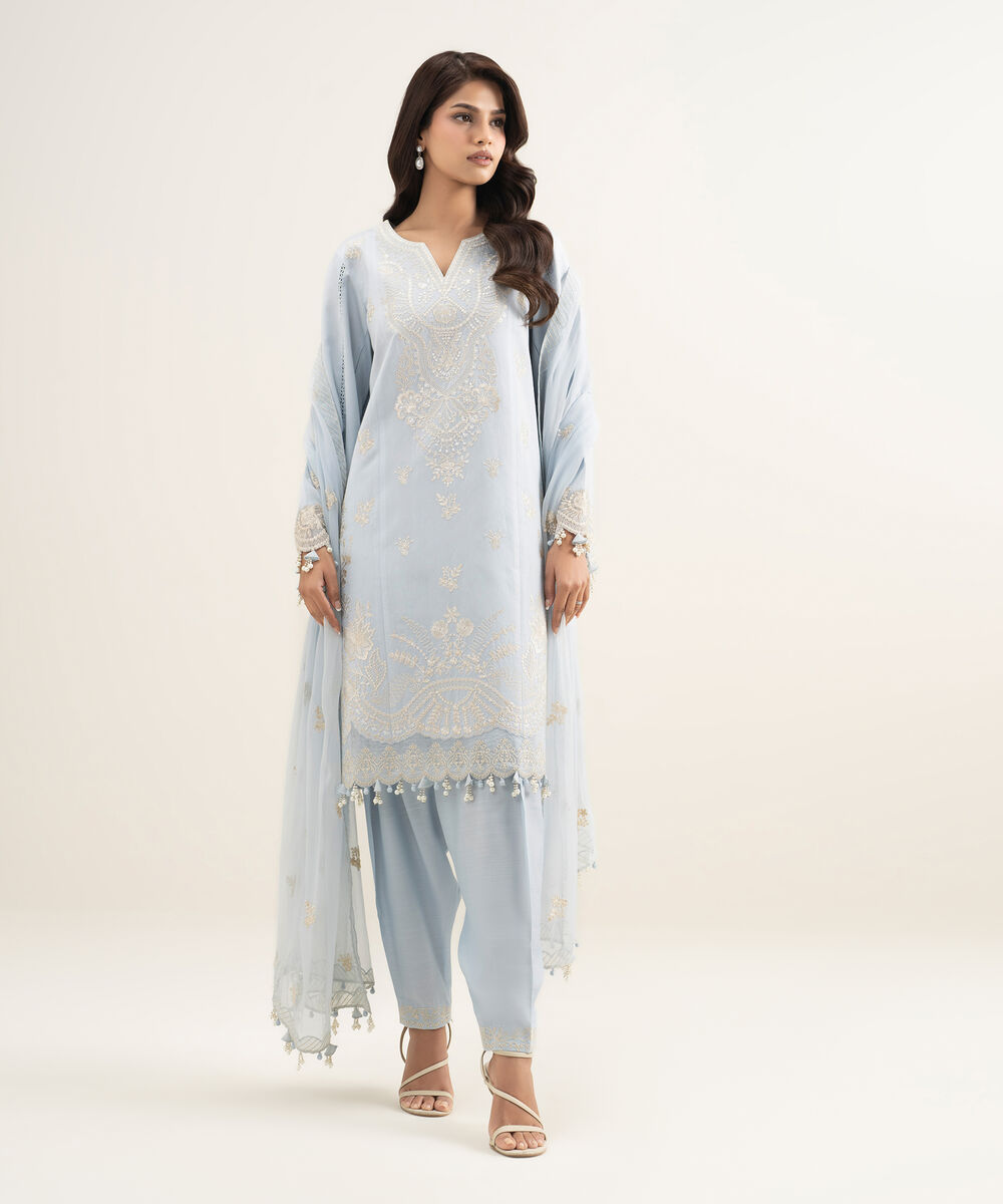 Women's Unstitched Cotton Net Embroidered Blue 3 Piece Suit