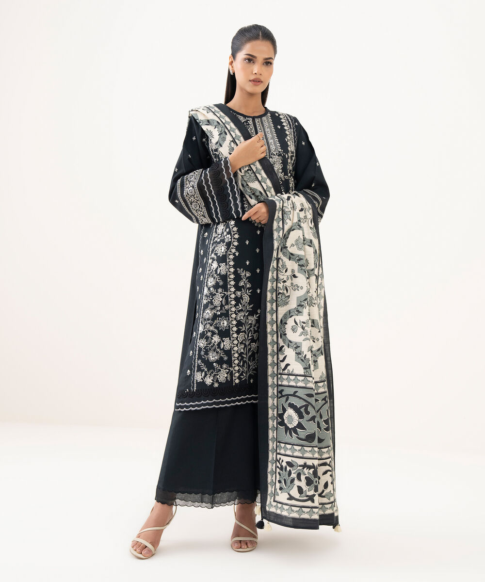 Women's Unstitched Light Khaddar Embroidered Black 3 Piece Suit