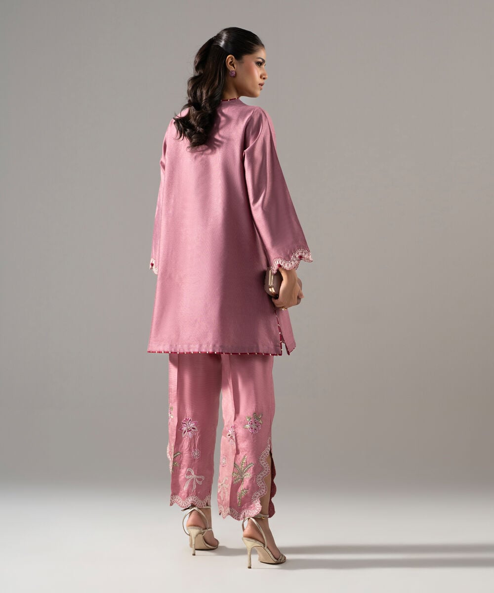 Women's RTW Cotton Net Solid Embroidered Pink 2 Piece Suit