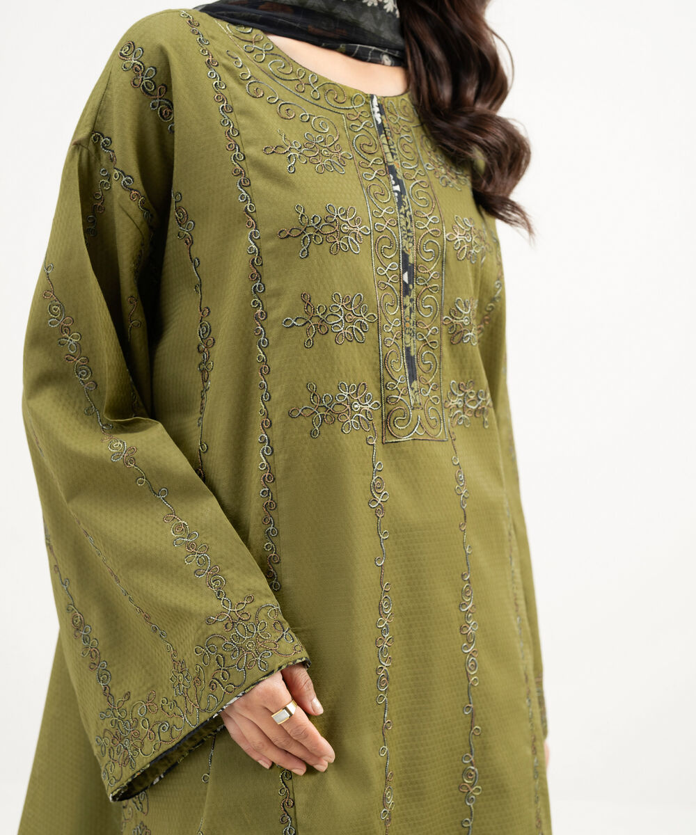 Women's RTW Dobby Embroidered Dark Green 3 Piece Suit