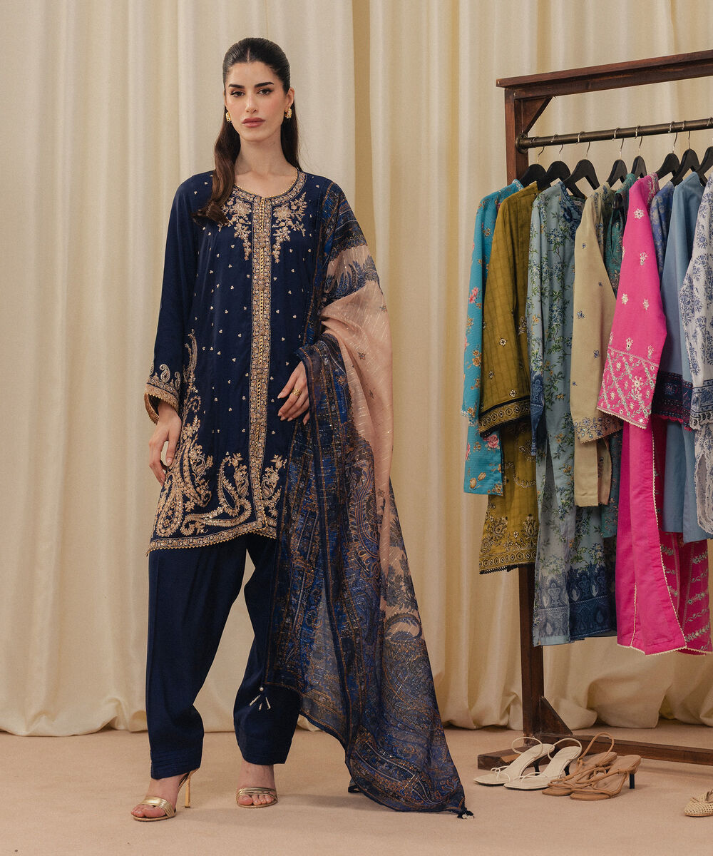 Women's RTW Viscose Raw Silk Embroidered Dark Blue 3 Piece Suit