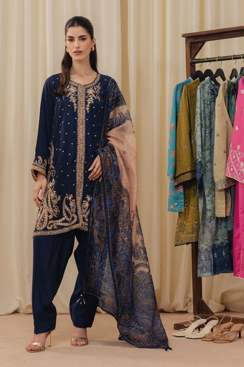 3 Piece - Embroidered Raw Silk Suit