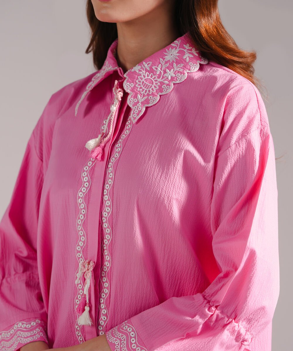 Women's RTW Seersucker Embroidered Straight Pink Shirt