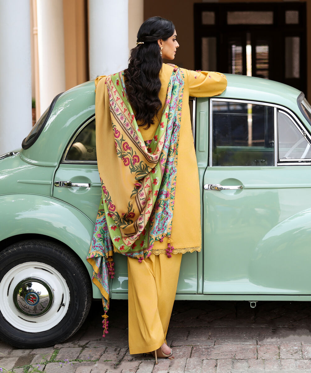 Women's Unstitched Textured Lawn Embroidered Yellow 3 Piece Suit