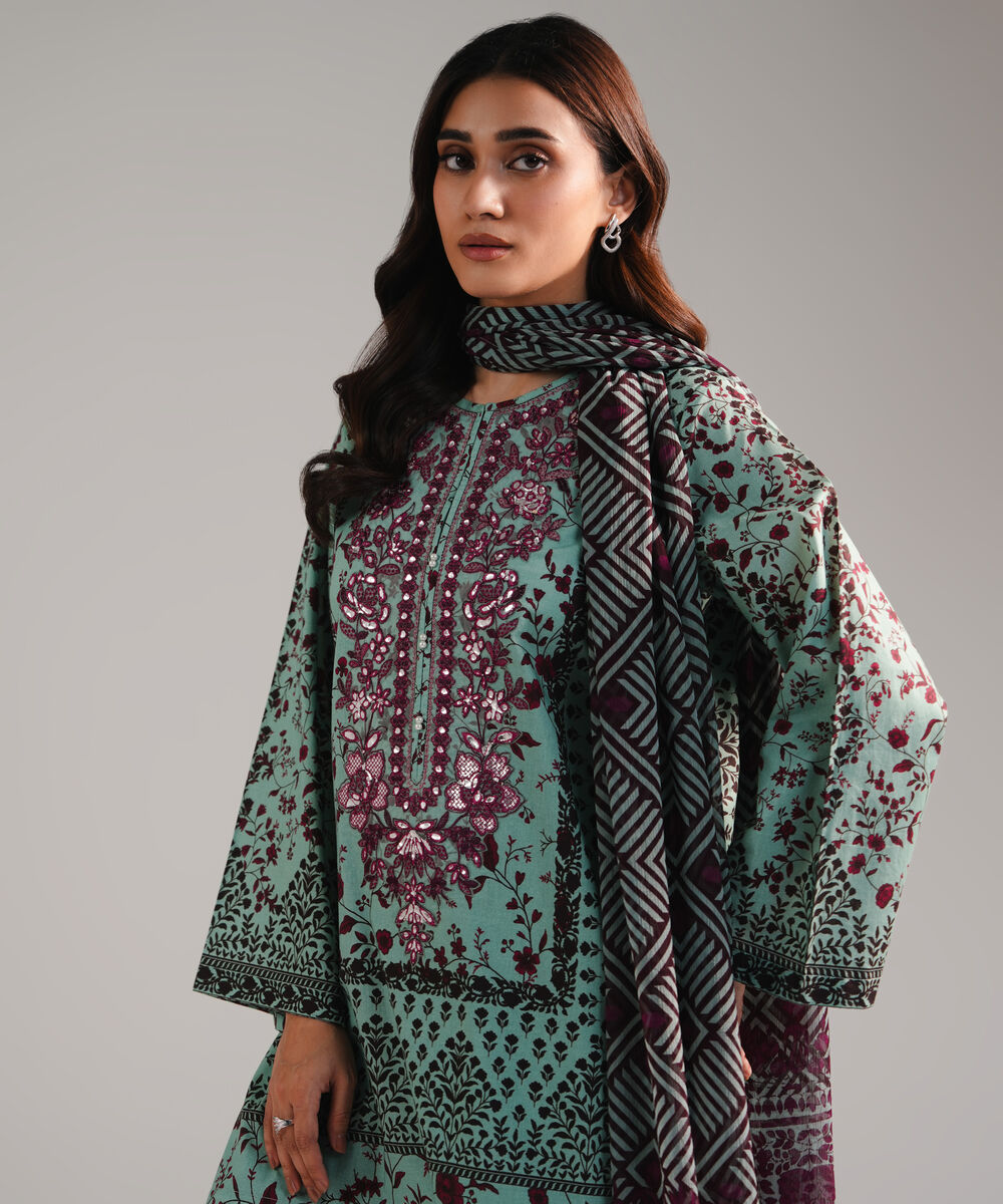 Women's RTW Cambric Embroidered Blue 3 Piece Suit