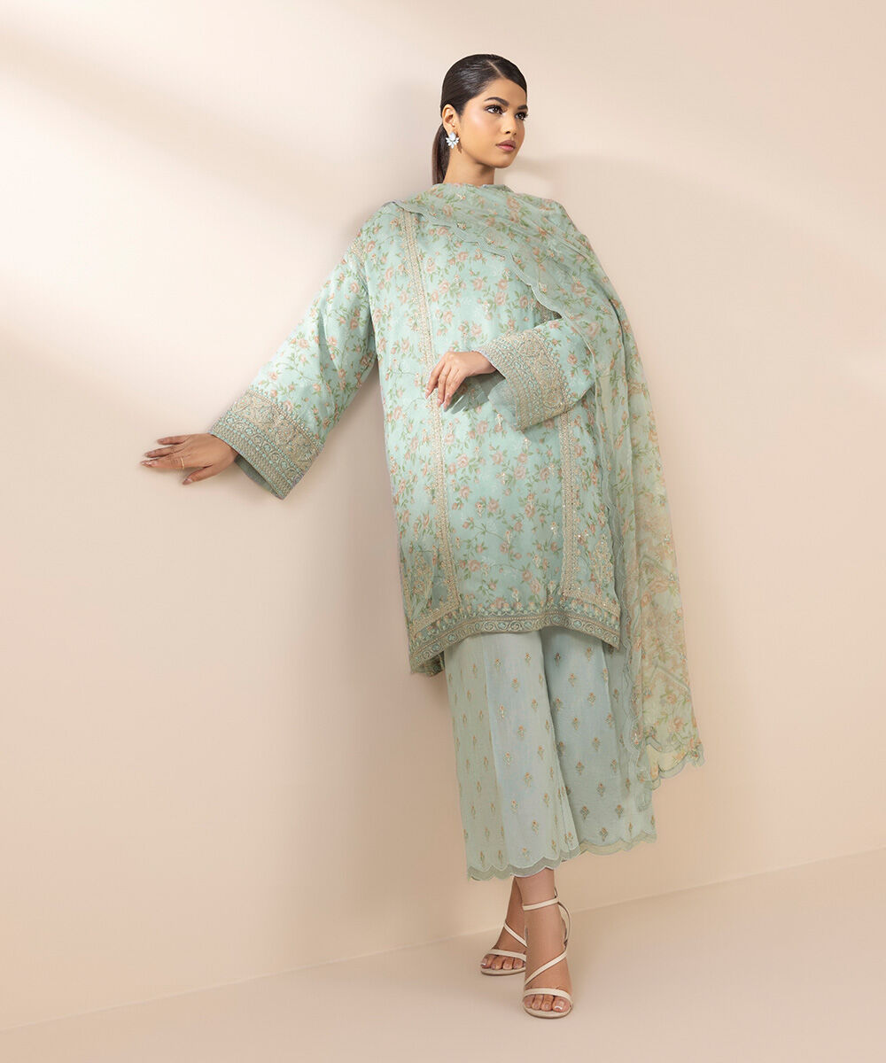 Unstitched Women's Embroidered Viscose Chiffon Green Three Piece Suit