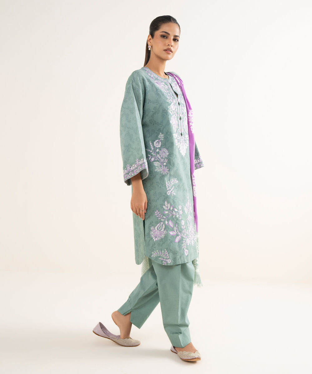 Women's Unstitched Cotton Jacquard Embroidered Green 3 Piece Suit