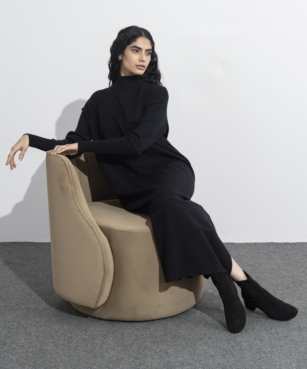 Women's Western Wear Black High Neck Sweater Dress